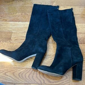 SAM EDELMAN black suede leather knee high boots pull on almond toe 4” heel